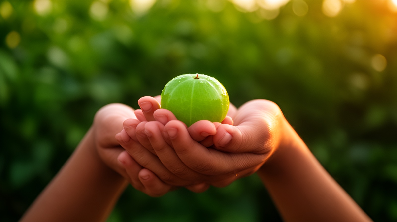 Cupped hands offering a single fresh green amla towards the camera