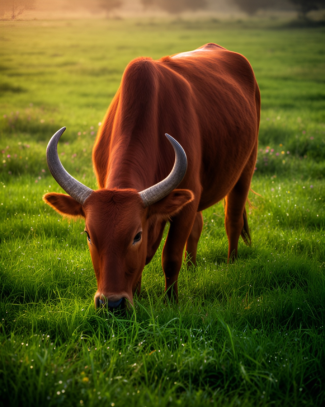 A red-coated desi cow with curved horns grazing in a green pasture at golden hour