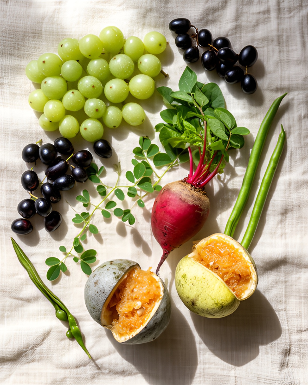 Flat lay of fresh amla, jamun, beetroot, a halved bel fruit and moringa on cream linen