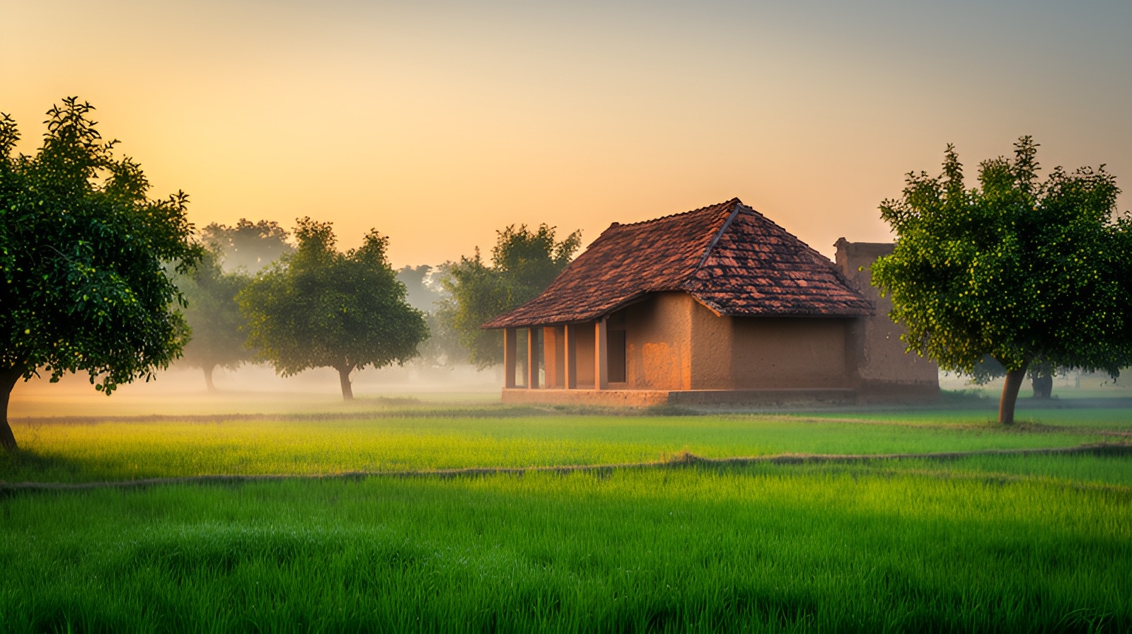 A mud-plastered village home with a tiled roof and verandah among amla trees at misty dawn