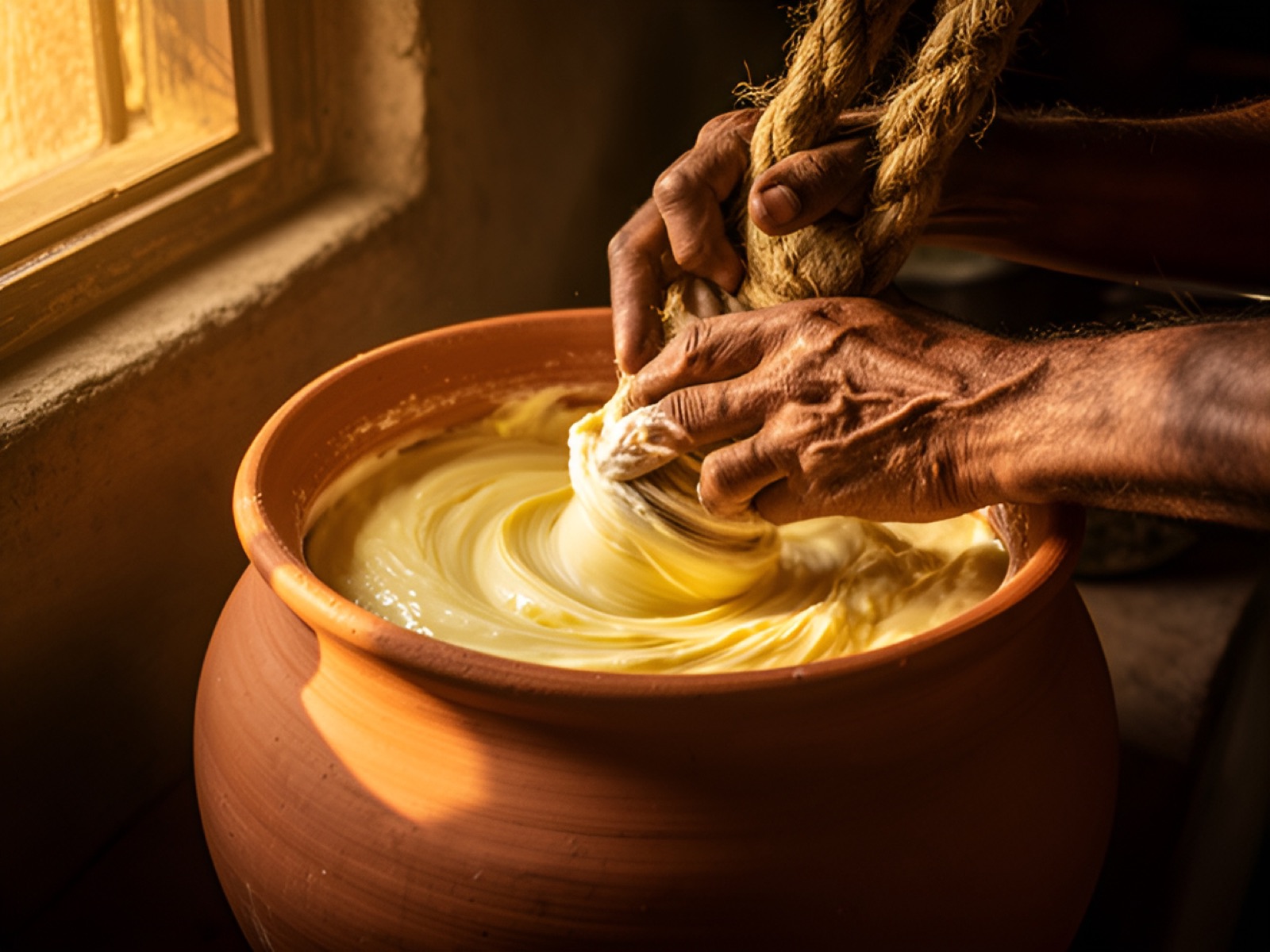 Hands churning butter in a large terracotta pot by a window