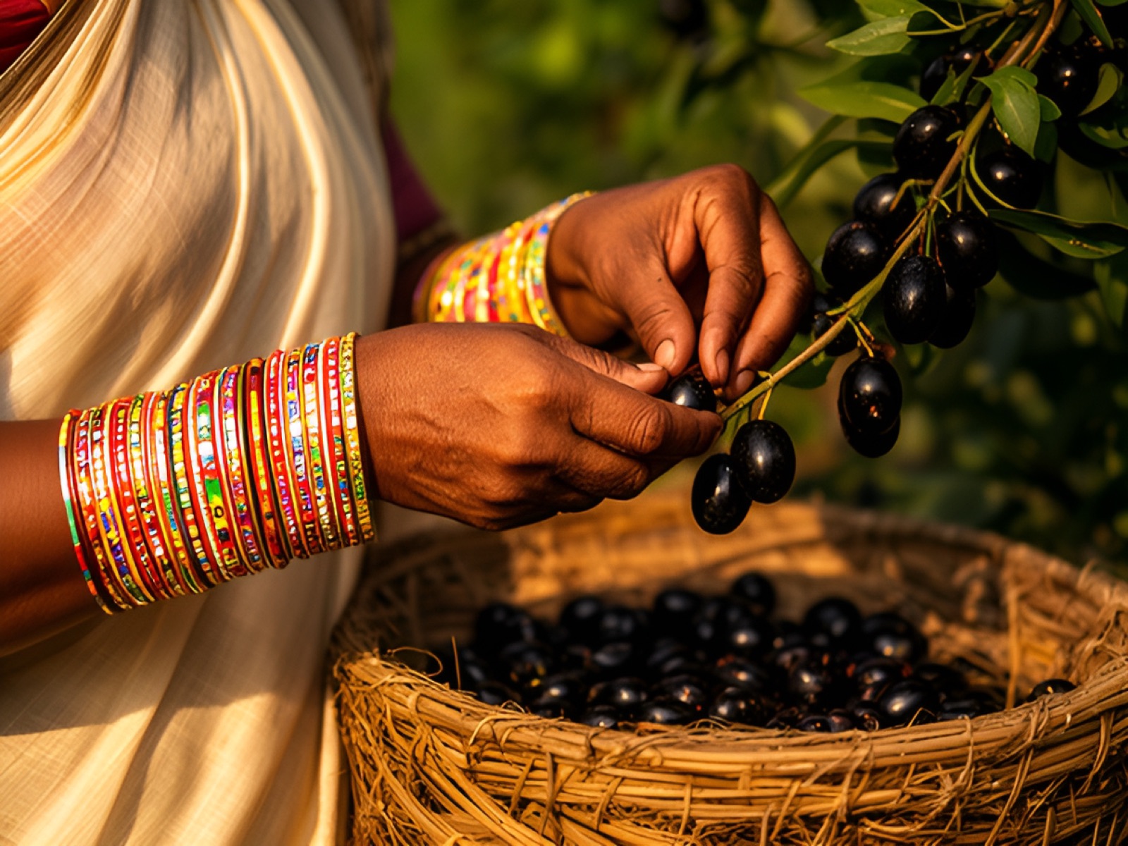 A woman’s hands with glass bangles picking ripe jamun into a bamboo basket
