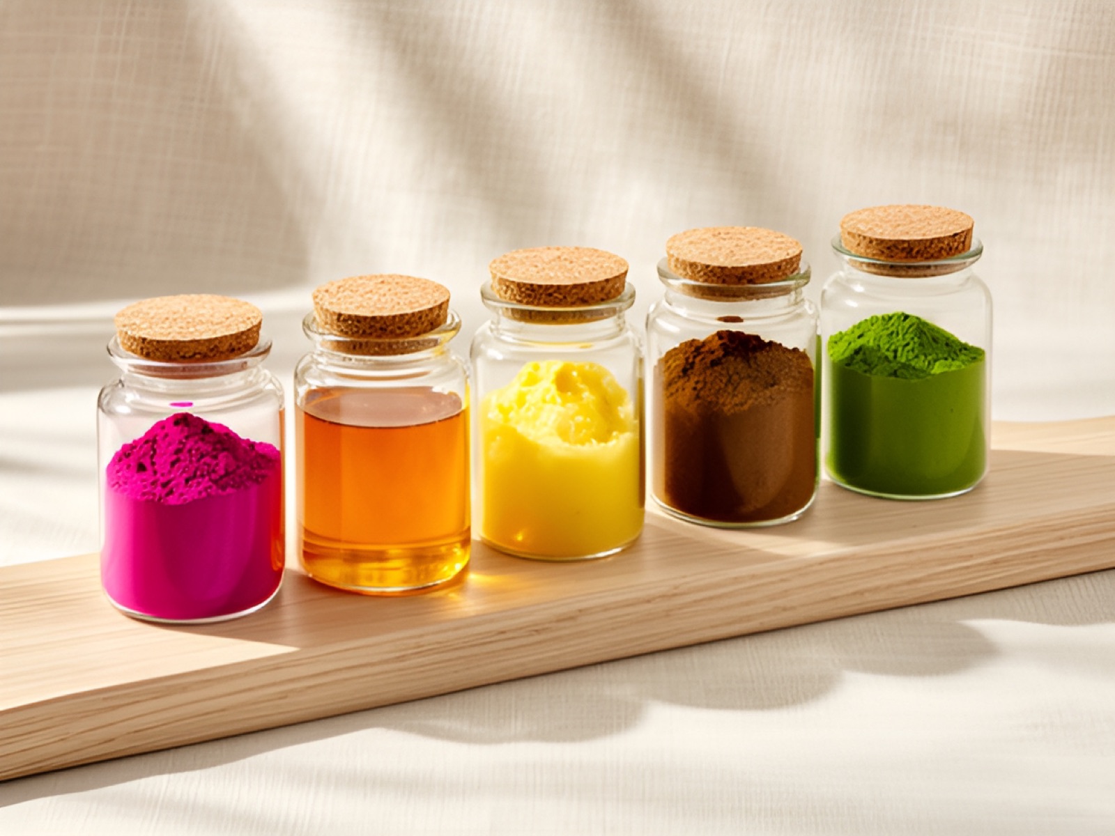 A row of glass jars with cork lids holding beetroot powder, honey, ghee, jamun and moringa powder