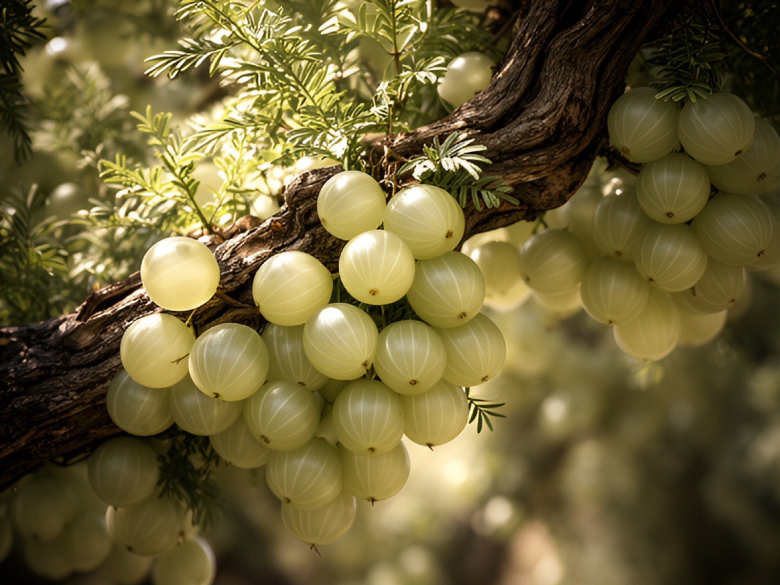 An amla branch heavy with pale green Indian gooseberries