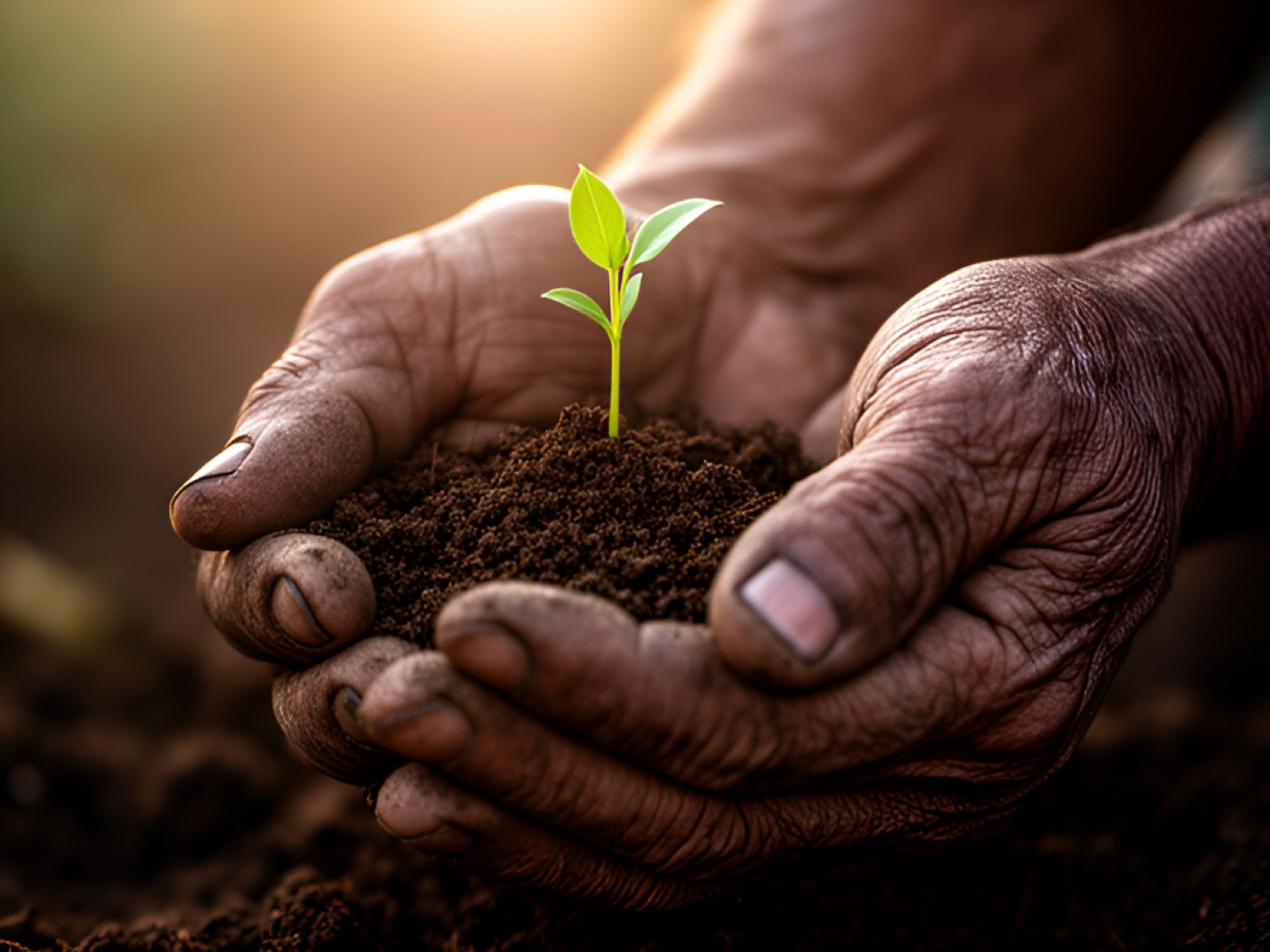 Weathered farmer’s hands cupping dark soil with a green seedling