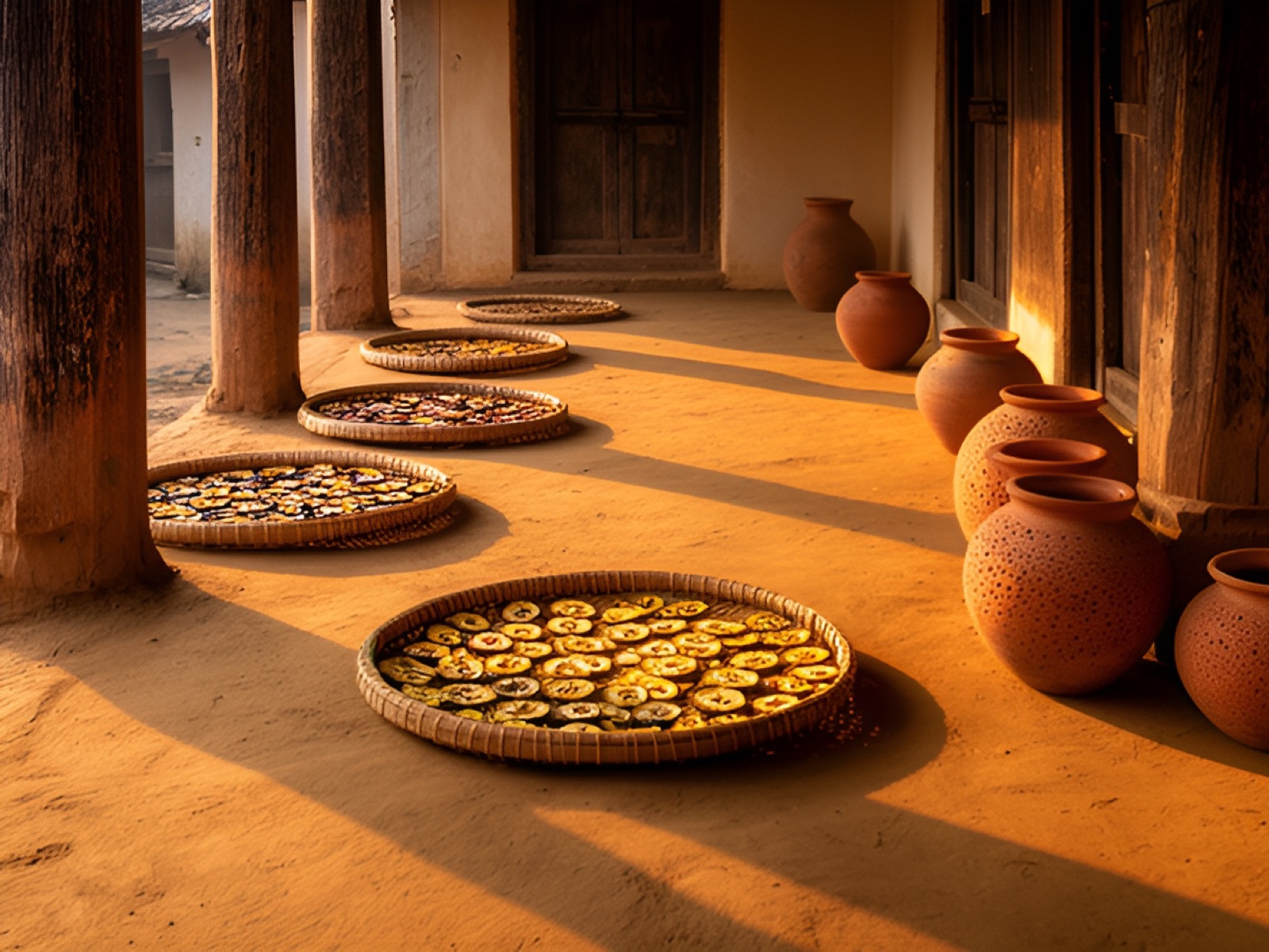Sliced amla drying on round bamboo trays on a mud-plastered verandah