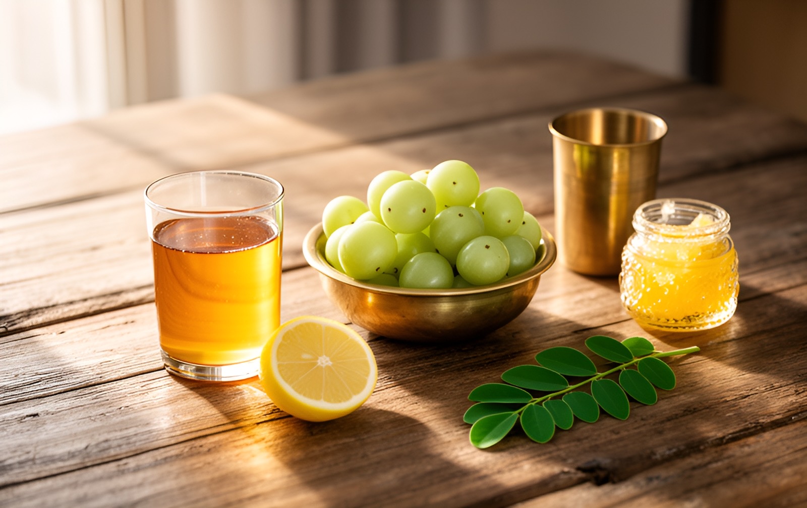 A sunlit wooden table with a bowl of amla, a glass of honey water, half a lemon, ghee and a moringa sprig