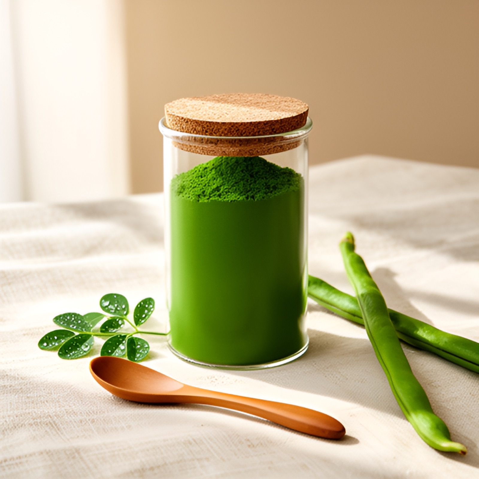 Moringa Leaf Powder in a glass jar with cork lid