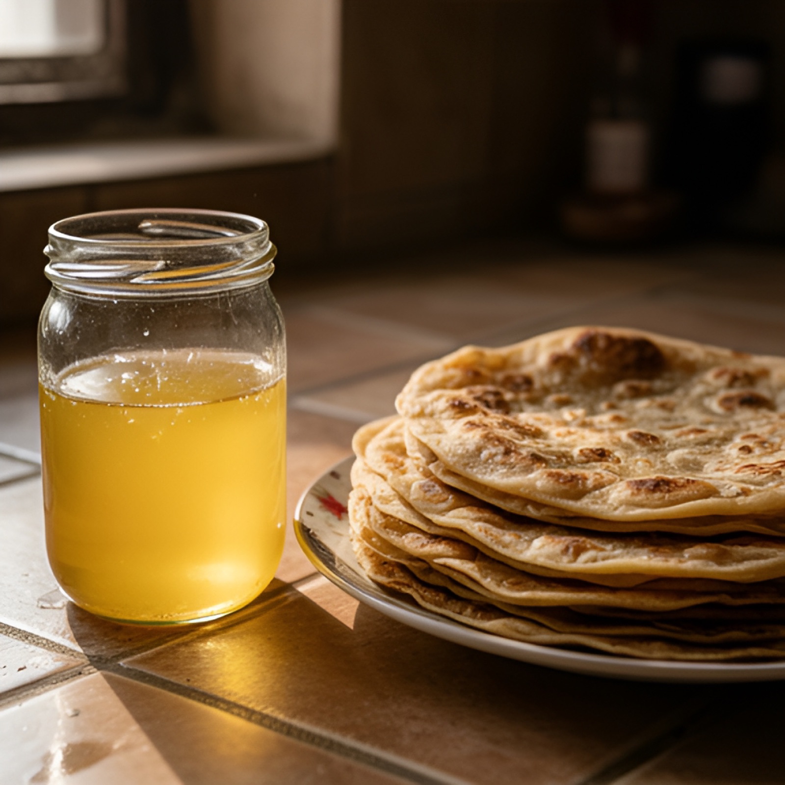 A jar of golden ghee beside a stack of parathas on a kitchen counter