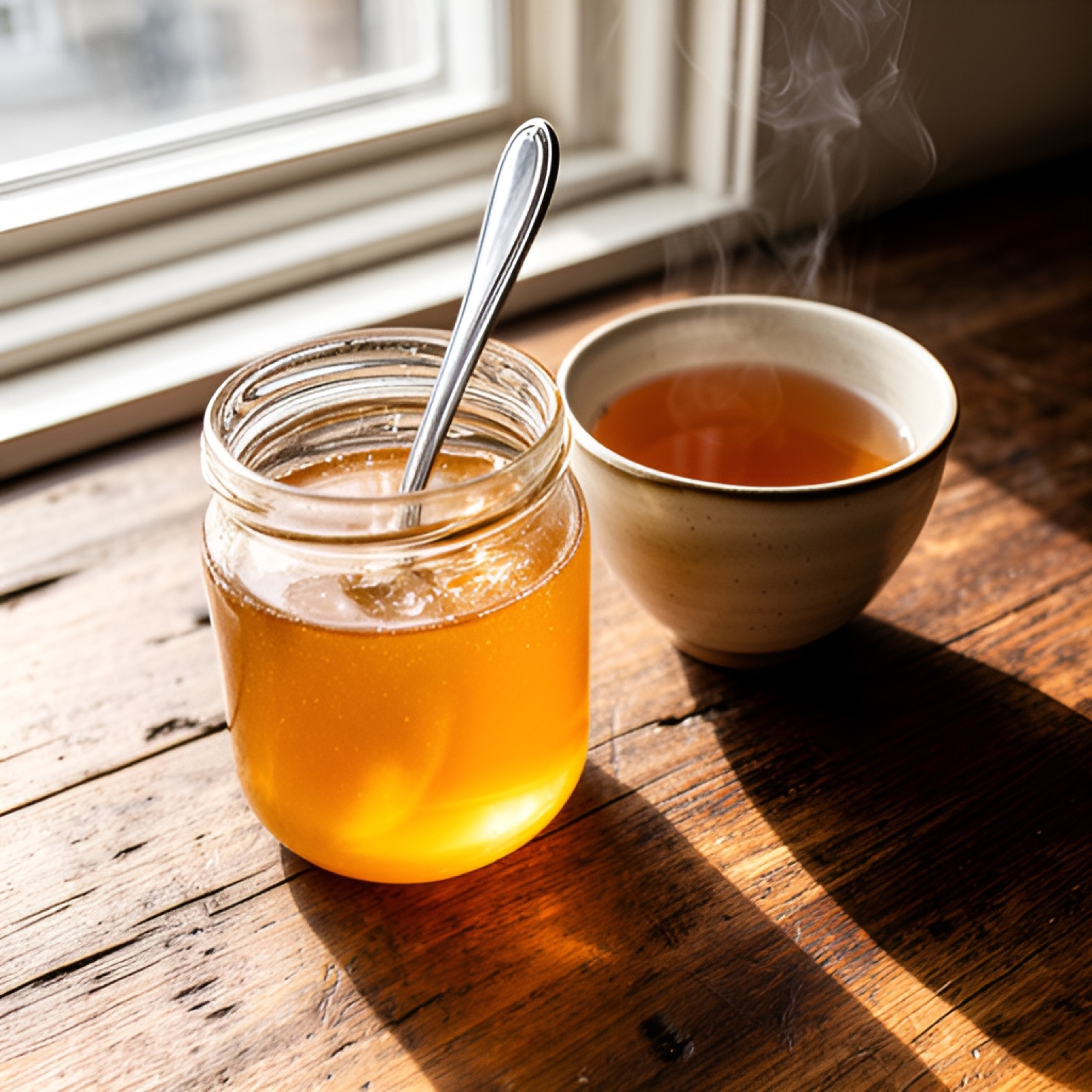 A jar of raw honey with a spoon beside a cup of tea near a window